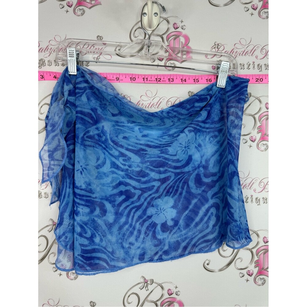 Y2K tie up skirt mesh beach cover up Blue Floral Sheer Mini Skirt